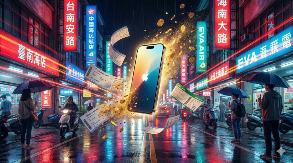 台南夜晚熱鬧街景中，一支發光的新手機懸浮，周圍圍繞著機票變成金幣的特效，象徵哩程換機 / Vibrant Tainan street night scene, a glowing new phone floating, surrounded by airline tickets turning into gold coins, symbolizing miles trade-in.